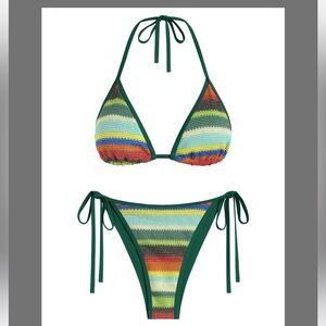 ZAFUL Women's Colorblock Stripes Triangle Halter Tied Cheeky Thong Bikini Set